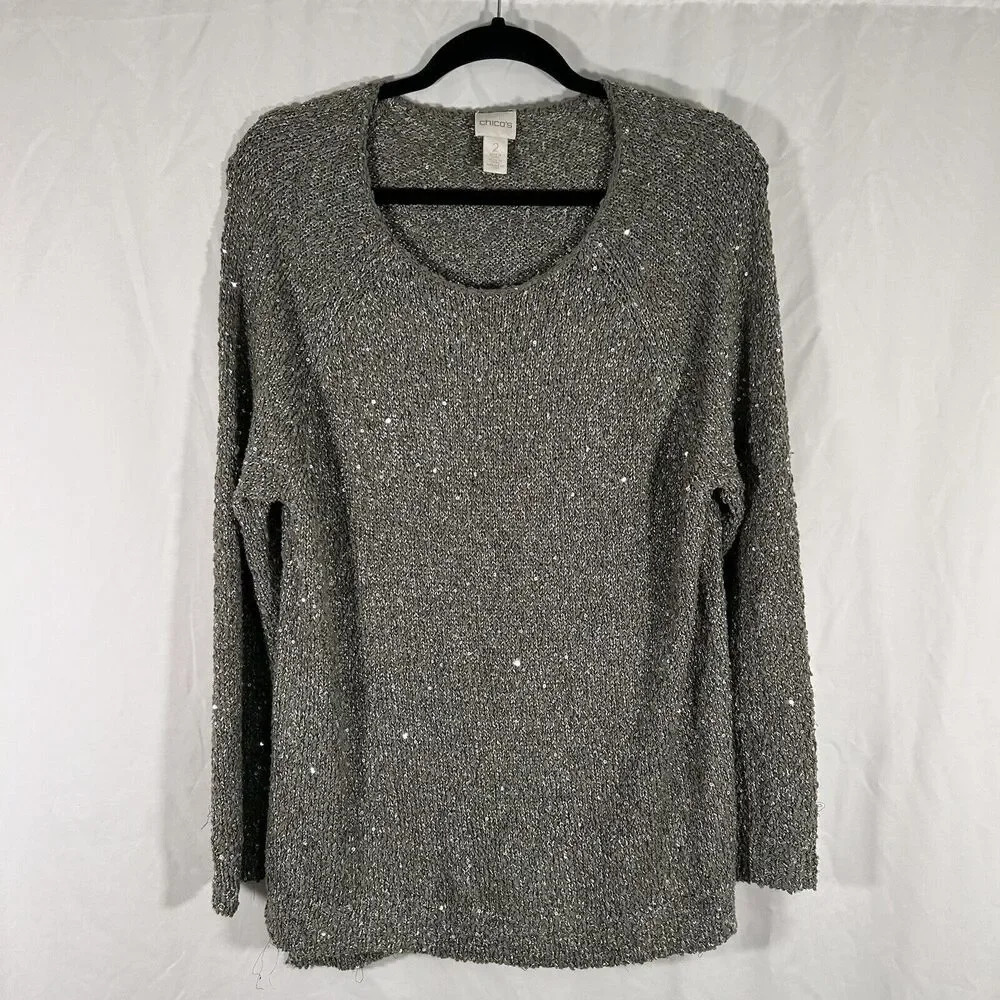 Chico's Sweater Women's 2 Large Green Sequin Sparkle Round Neck Knit Long Sleeve